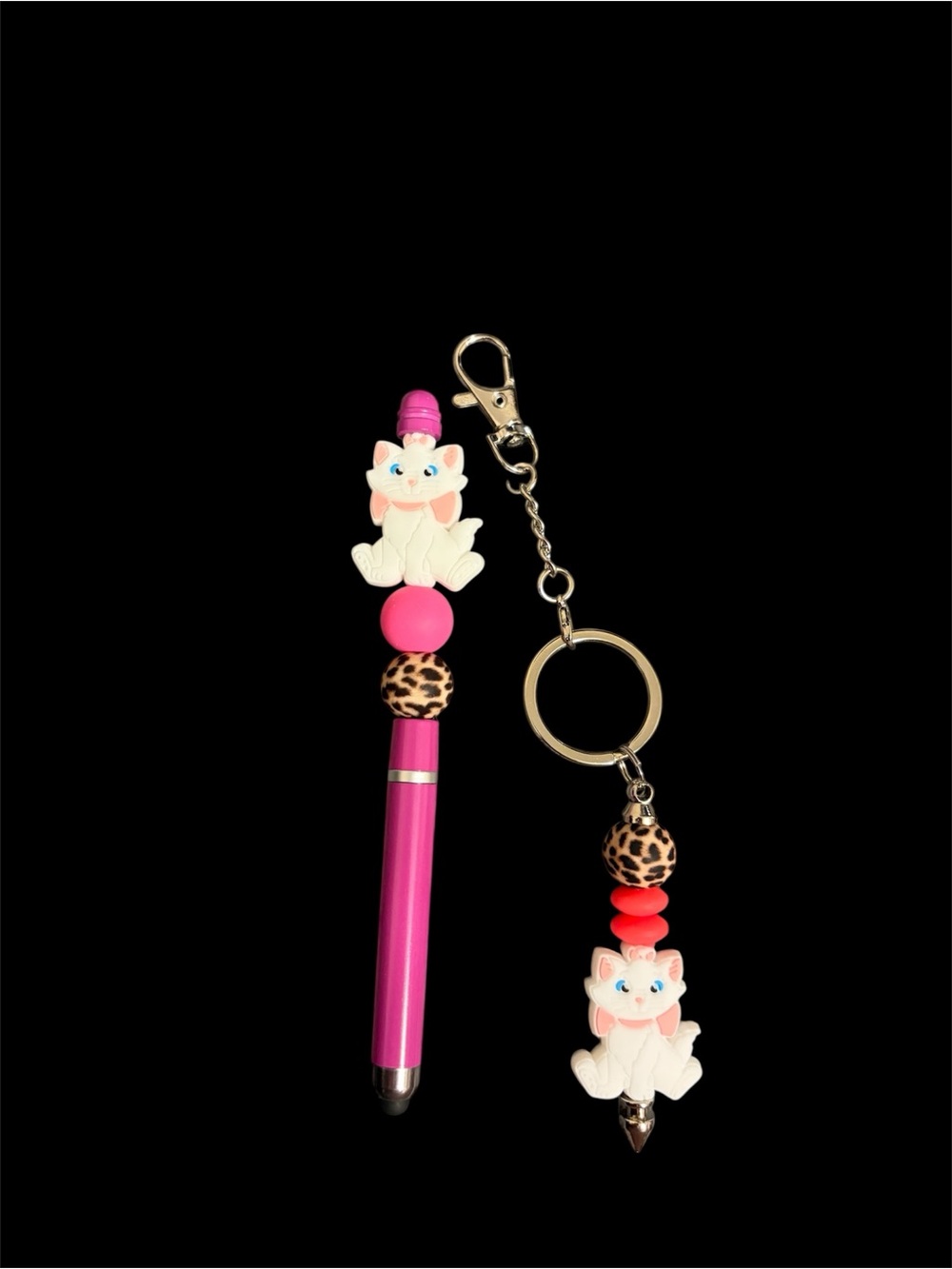 White Cat Charm Stylus Keychain Set